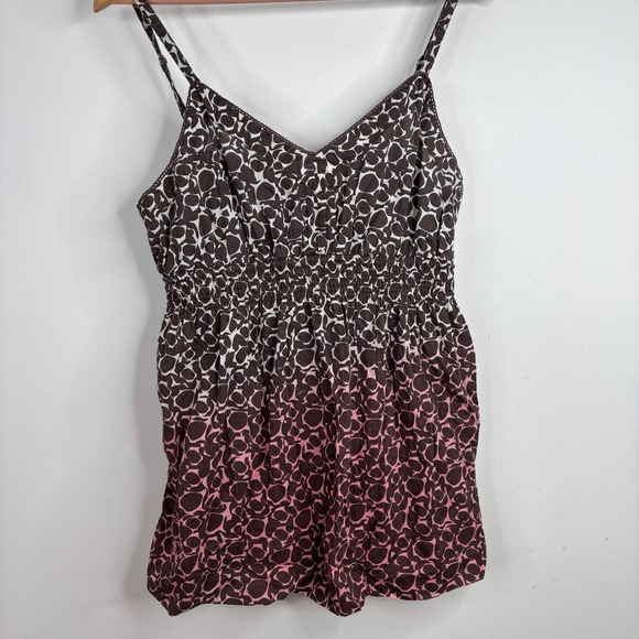 VTG Y2K Babydoll Tank Top L Chocolate Brown Ombre Smocked Lace Boho Print 90s - Picture 1 of 11